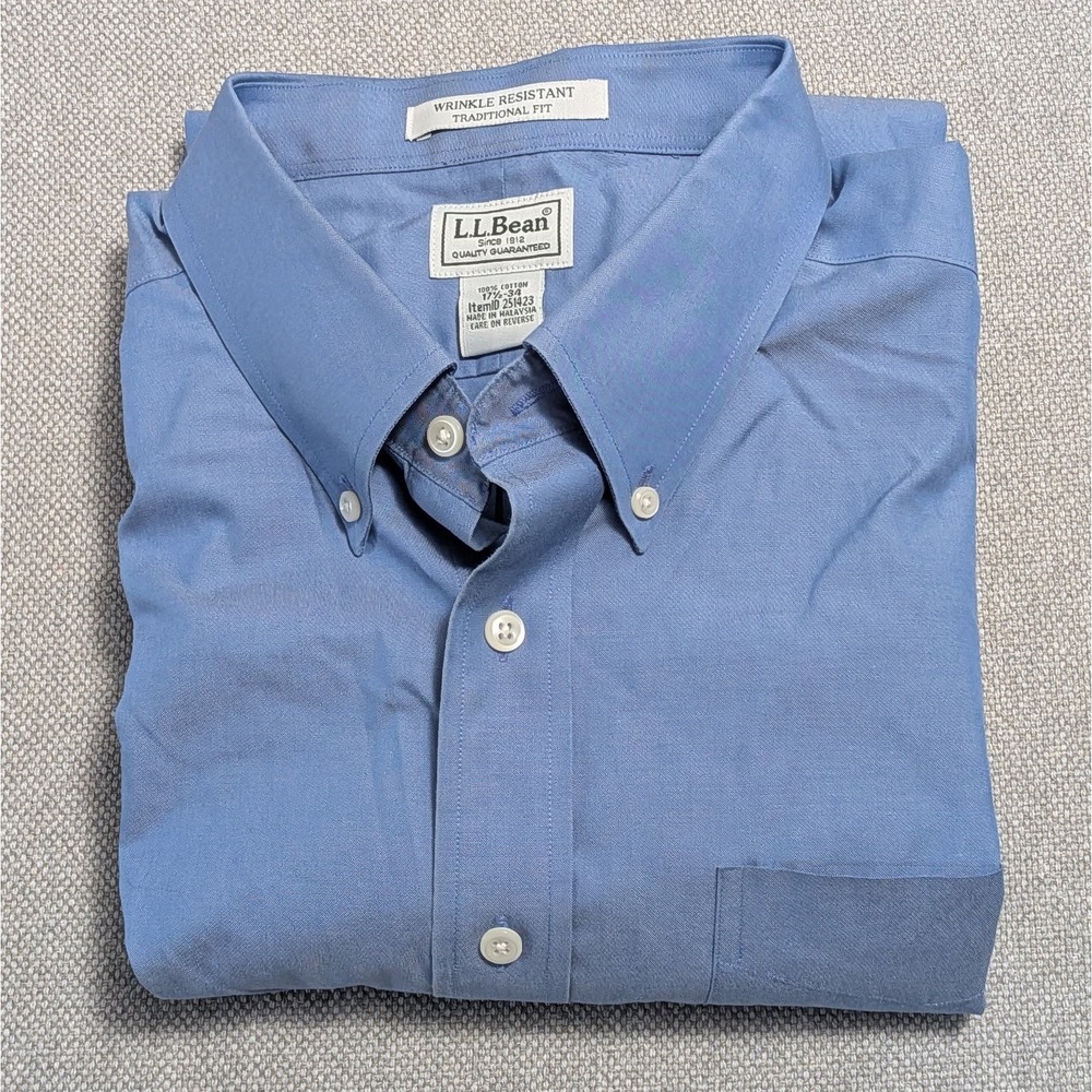 L.L.Bean Dress Shirt Men's Blue 17.5 34/35 Wrinkle-Resistant Cotton Button Down